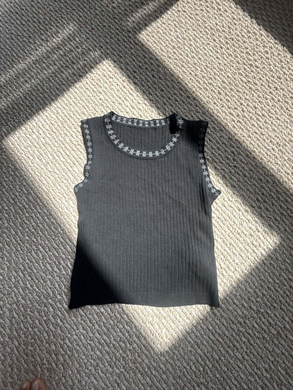 Black Ribbed Knit Sleeveless Tank Top with Metallic Pattern Trim